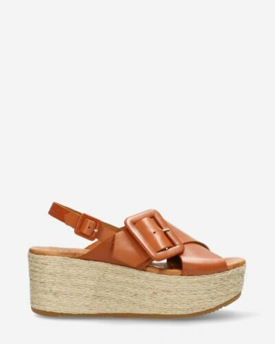 Espadrille with platform sole woven vacchetta leather and crossed straps cognac