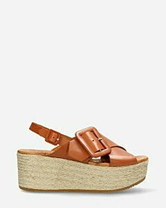 Espadrille with platform sole woven vacchetta leather and crossed straps cognac
